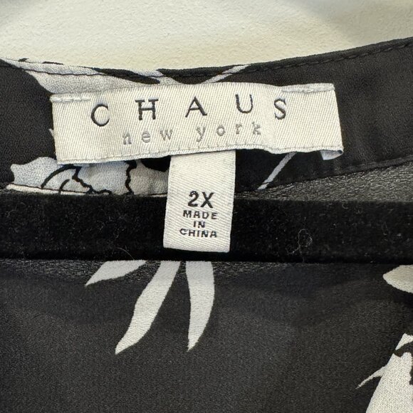 Chaus NY 2xl Black & White Floral Blouse Sheer Roll Tab Sleeves Boho EUC - Picture 4 of 5